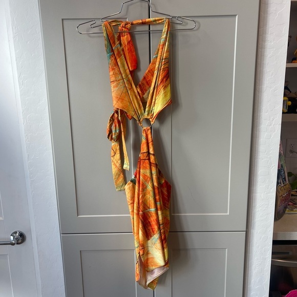 Farai London Gaia Canary Yelllow Halter Cutout Mini Dress Sunset Festival Large - Picture 2 of 7